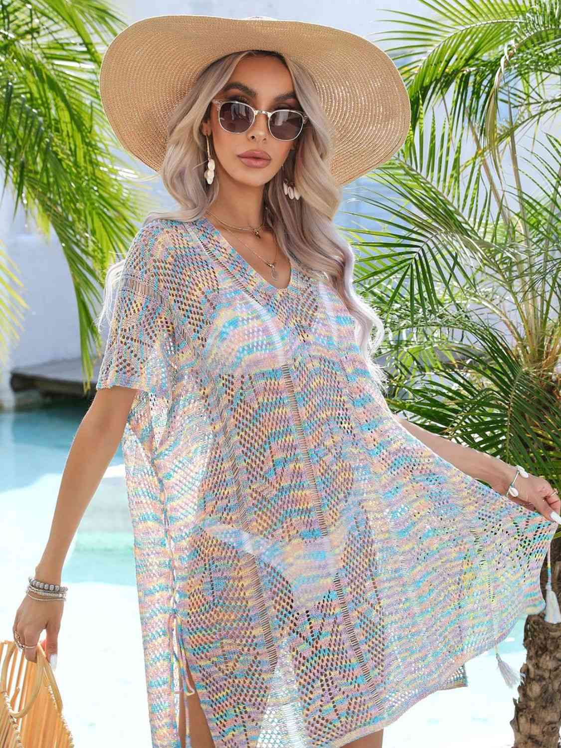 Stylish Multicolored Openwork Tassel Slit Cover-Up