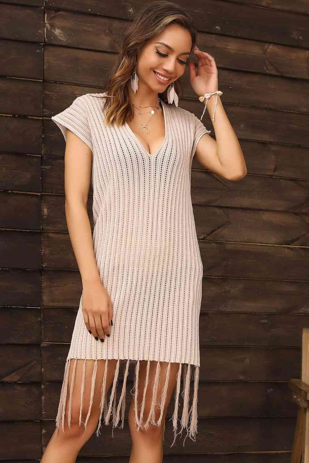 Fringe Hem Short Sleeve Deep V Cover Up Dress for Summer