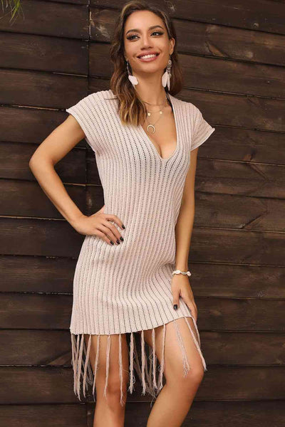 Fringe Hem Short Sleeve Deep V Cover Up Dress for Summer