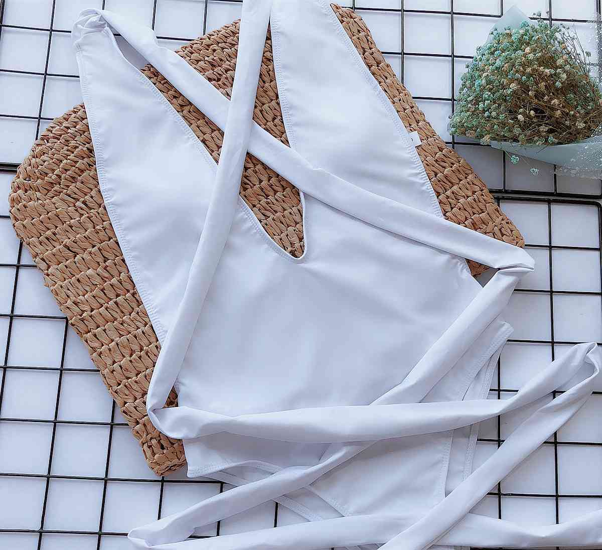 Stylish Halter Neck Deep V Tied One-Piece Swimsuit