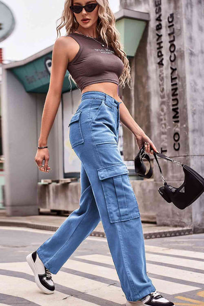 Trendy Buttoned High Waist Loose Fit Jeans with Pockets