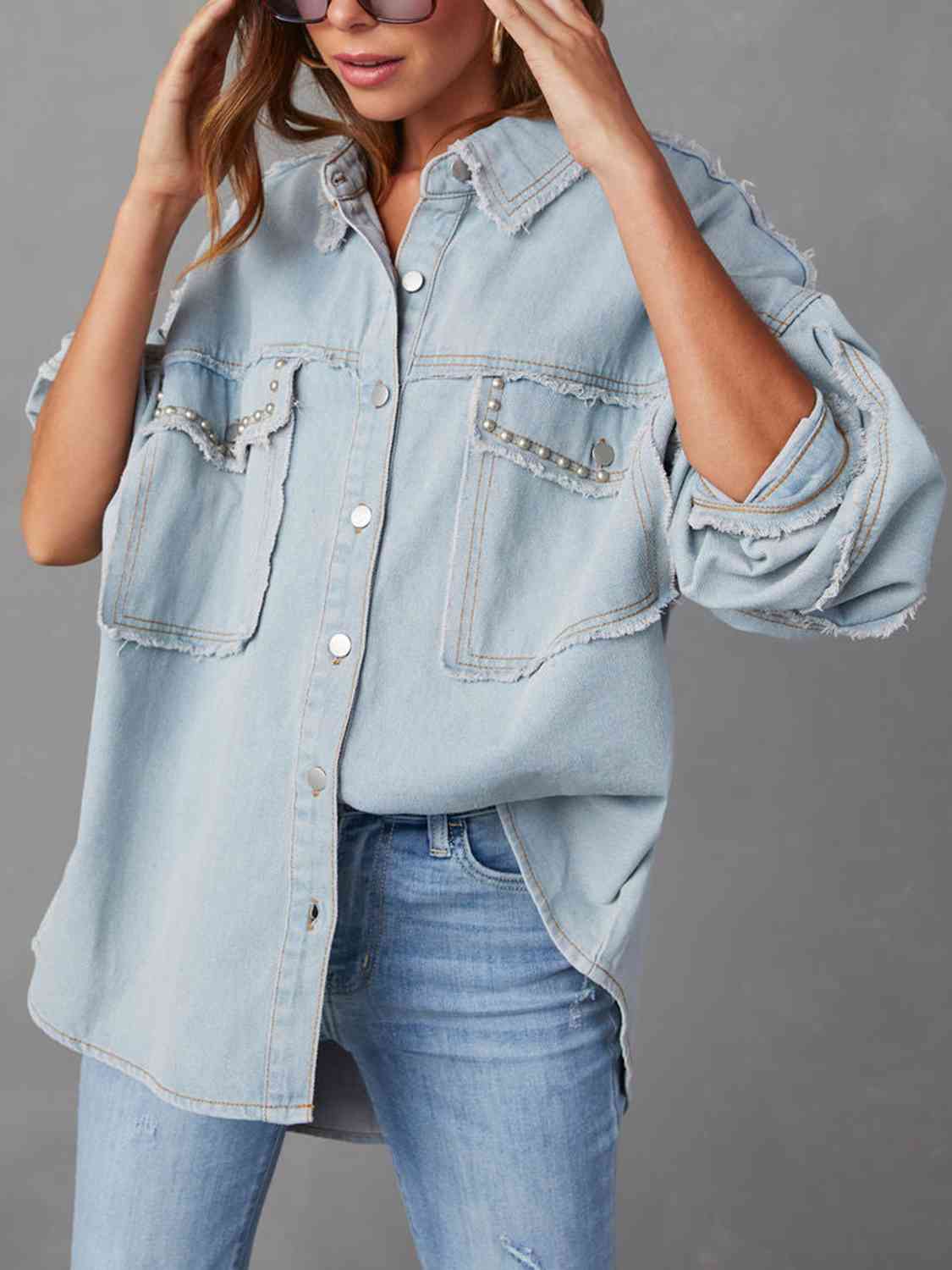 Women's Casual Button Down Raw Hem Denim Jacket