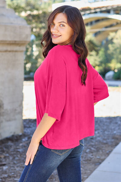 Casual Vibrant Pink Round Neck Drop Shoulder T-Shirt