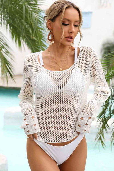 Stylish Openwork Scoop Neck Long Sleeve Cover-Up