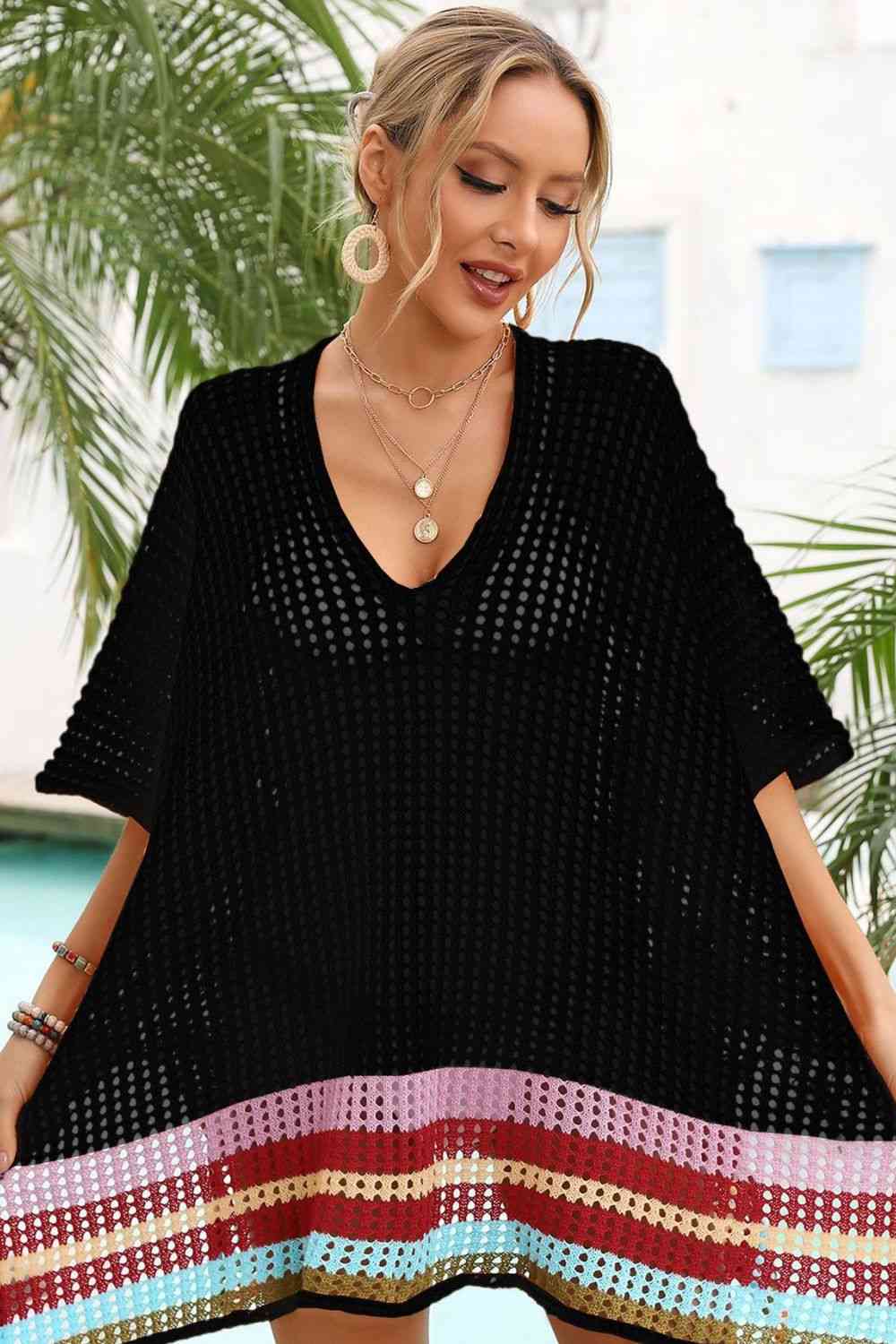 Rainbow Stripe Openwork Slit Cover-Up for Summer Style