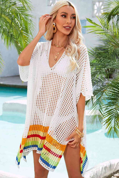 Rainbow Stripe Openwork Slit Cover-Up for Summer Style