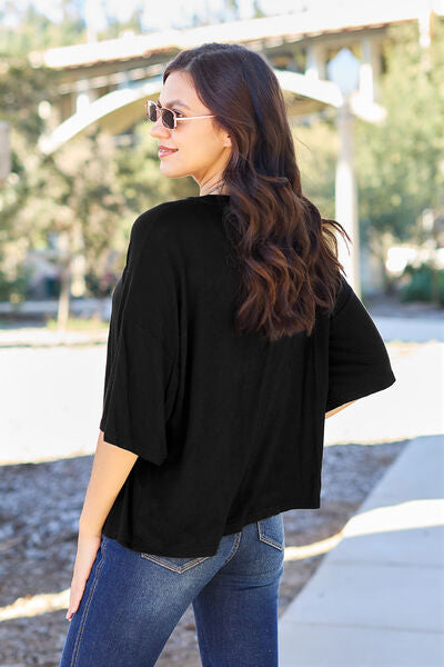 Casual Vibrant Pink Round Neck Drop Shoulder T-Shirt