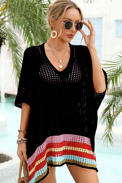 Rainbow Stripe Openwork Slit Cover-Up for Summer Style