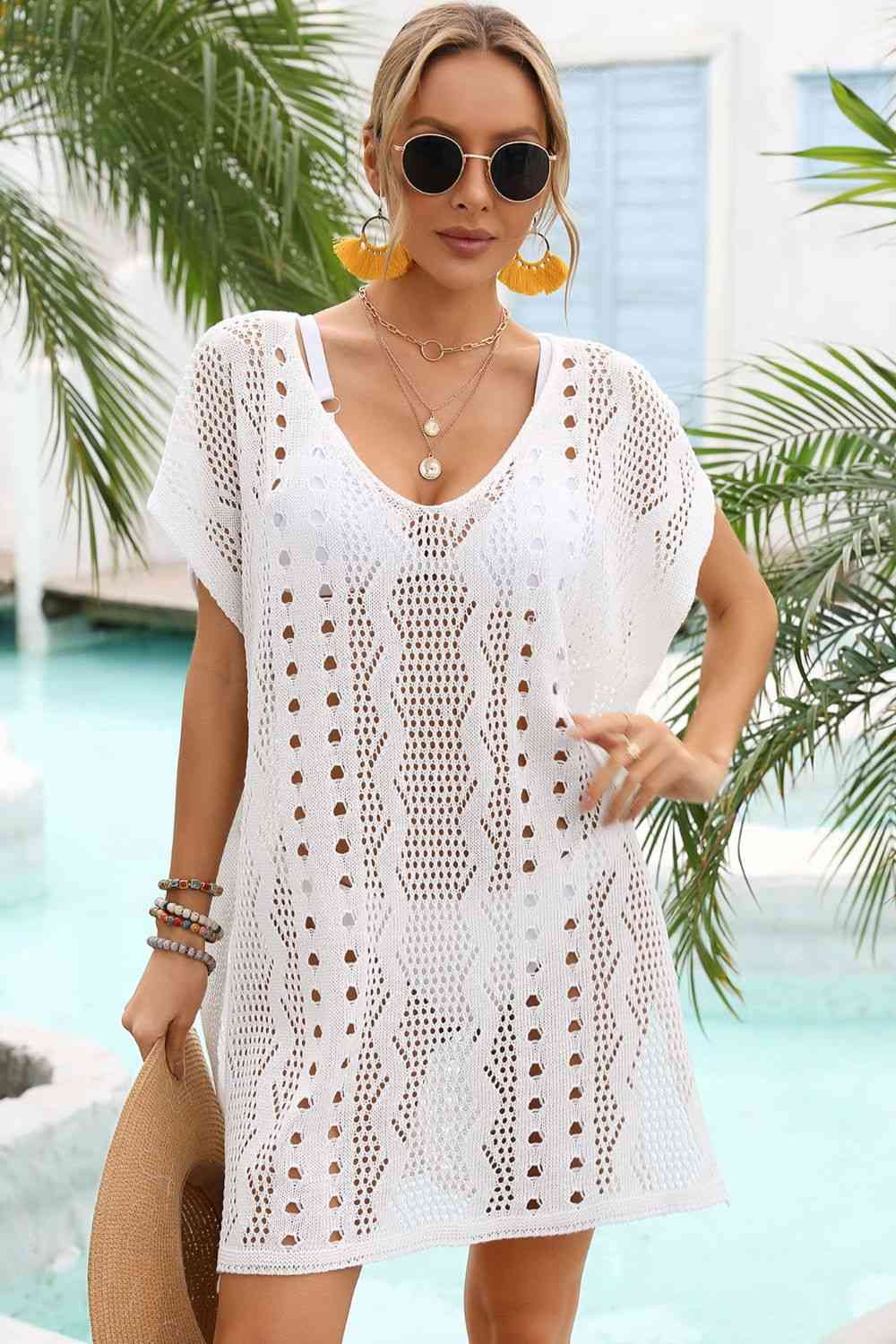 Openwork Plunge Dolman Sleeve Cover-Up Dress for Summer