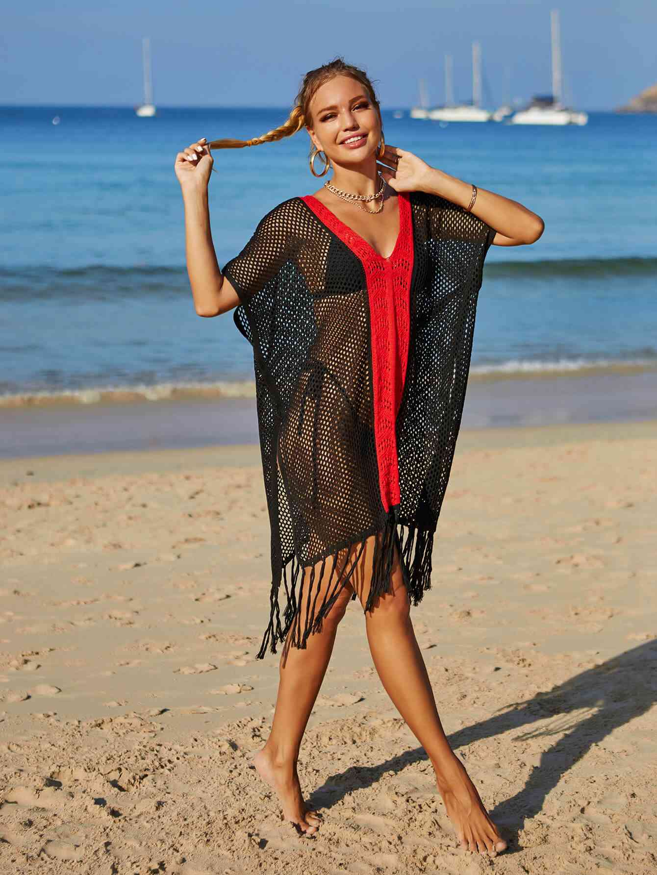 Contrast Fringe Trim Openwork Cover-Up Dress for Summer Fun