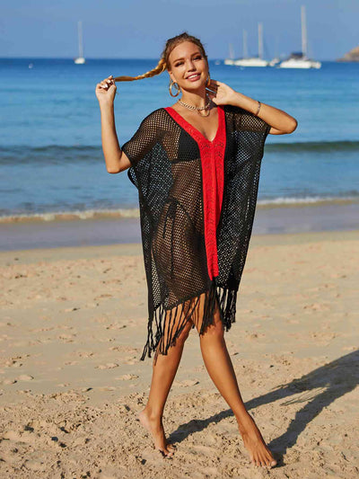 Contrast Fringe Trim Openwork Cover-Up Dress for Summer Fun