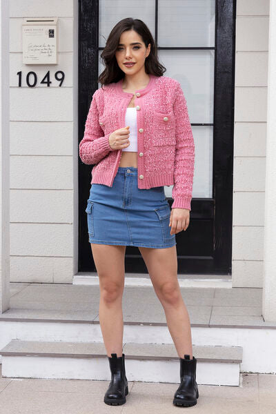 Chic Women's Button Up Round Neck Cardigan in Soft Pink