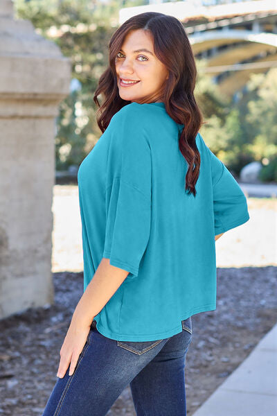 Casual Vibrant Pink Round Neck Drop Shoulder T-Shirt