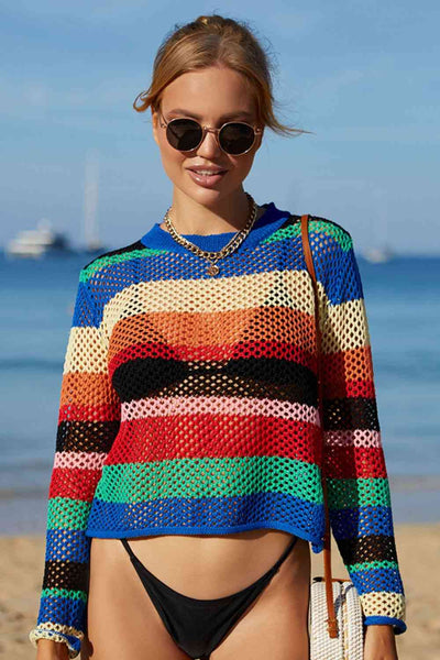 Rainbow Stripe Openwork Long Sleeve Cover-Up for Summer