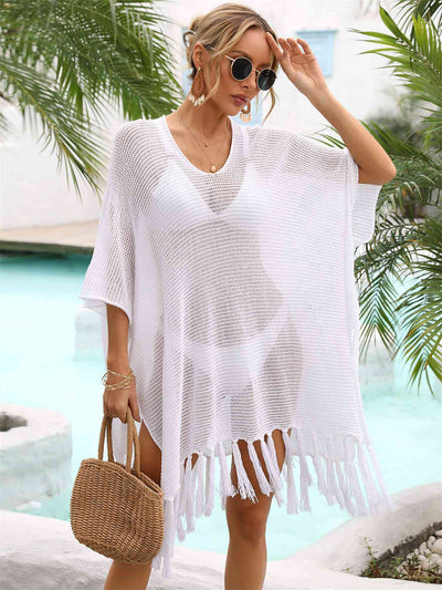 Fringe Trim Dolman Sleeve Openwork Cover-Up for Summer