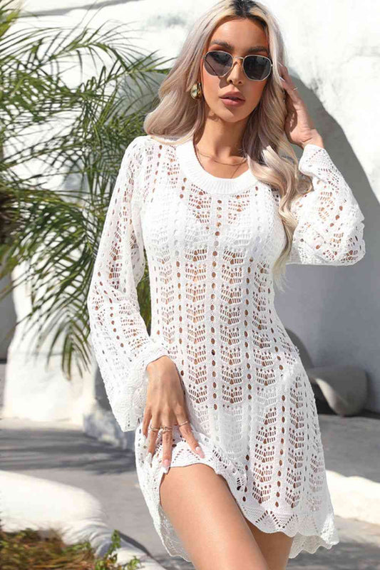Openwork Scalloped Trim Long Sleeve Cover-Up Dress Style