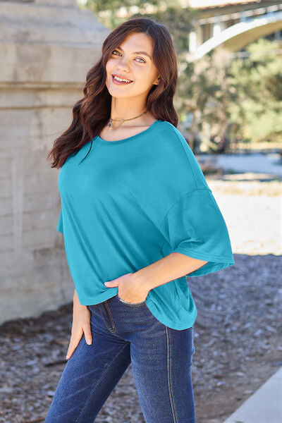 Casual Vibrant Pink Round Neck Drop Shoulder T-Shirt
