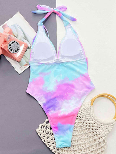 Tie-Dye Halter Neck One-Piece Swimsuit for Summer Fun
