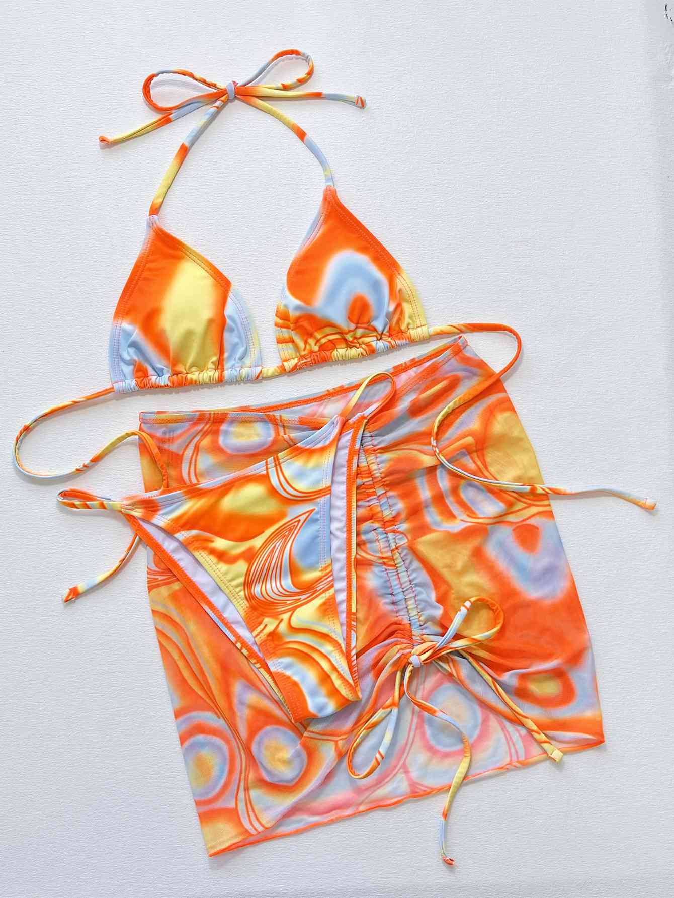Stylish Multicolored Drawstring Ruched Three-Piece Swim Set