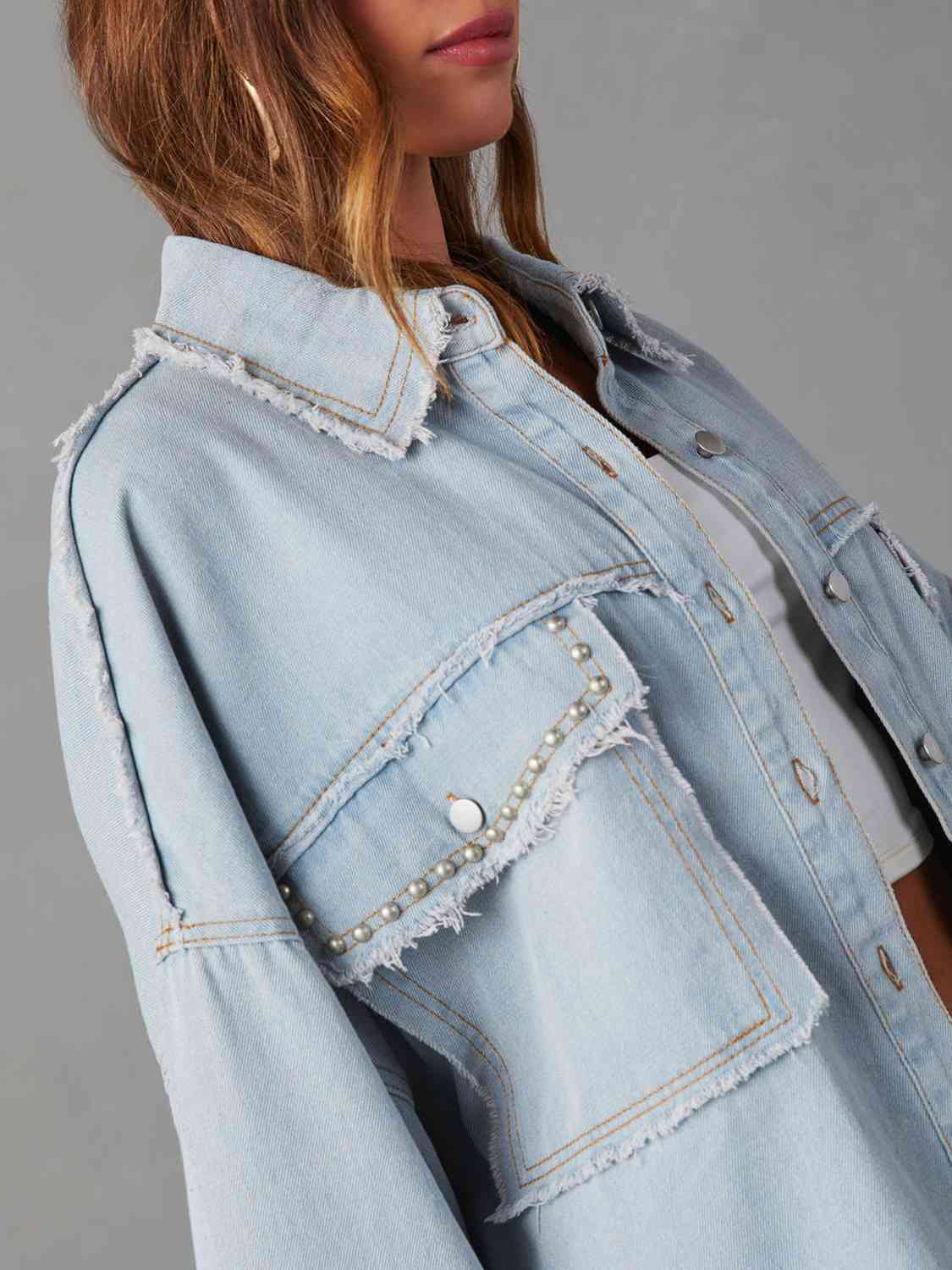 Women's Casual Button Down Raw Hem Denim Jacket