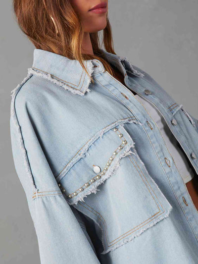 Women's Casual Button Down Raw Hem Denim Jacket