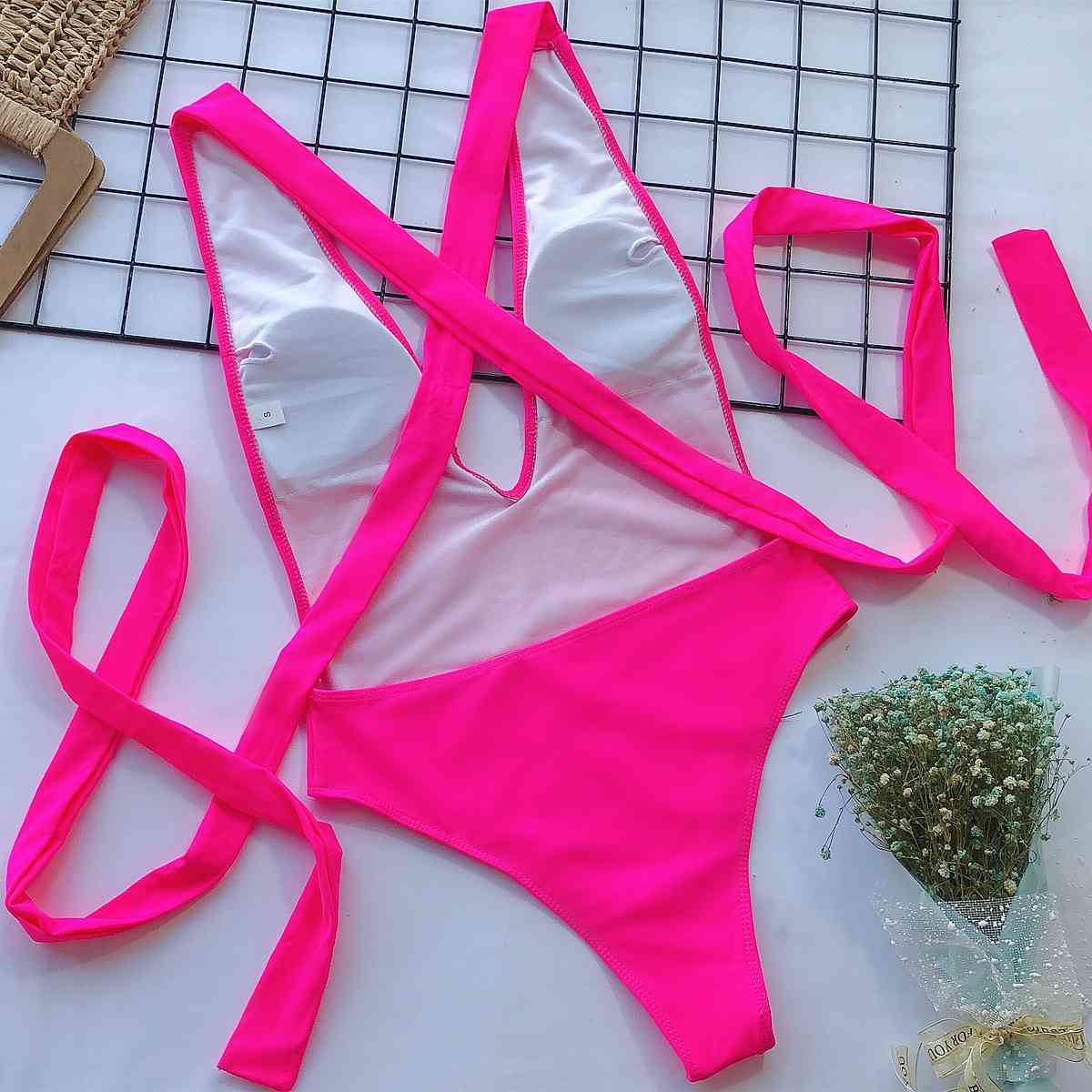 Stylish Halter Neck Deep V Tied One-Piece Swimsuit
