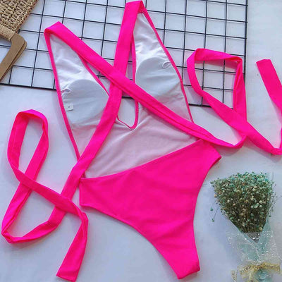 Stylish Halter Neck Deep V Tied One-Piece Swimsuit