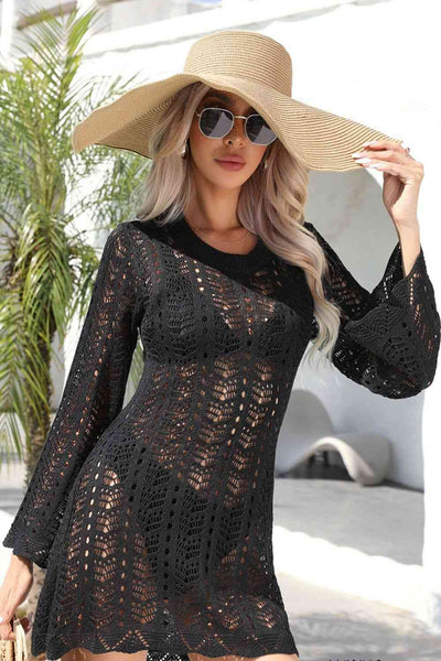 Openwork Scalloped Trim Long Sleeve Cover-Up Dress Style