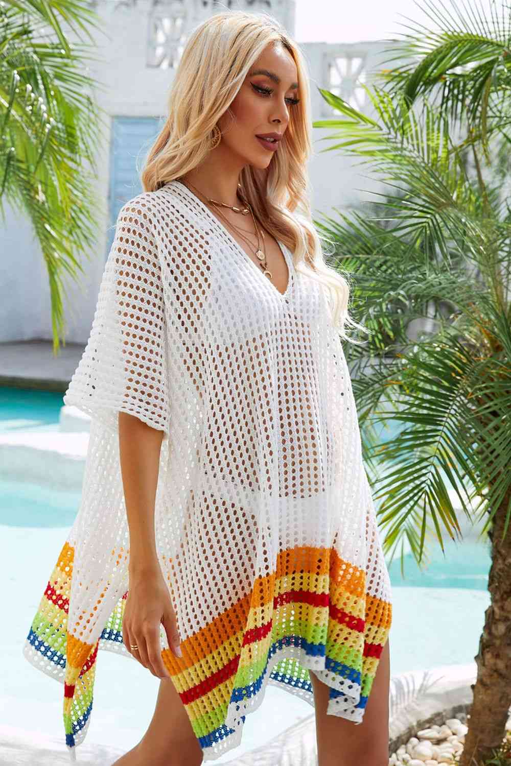Rainbow Stripe Openwork Slit Cover-Up for Summer Style