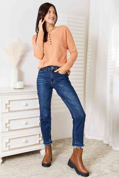Casual & Chic Half Button Long Sleeve Top in Peach