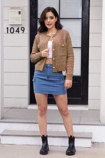 Chic Women's Button Up Round Neck Cardigan in Soft Pink