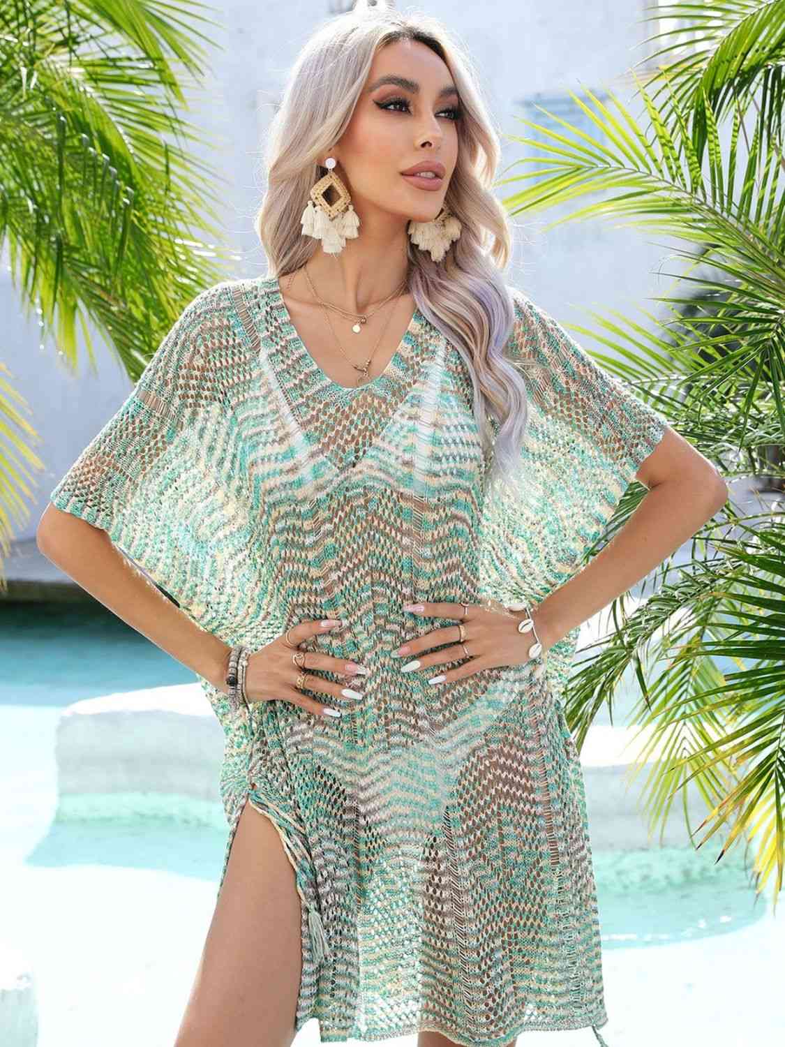 Stylish Multicolored Openwork Tassel Slit Cover-Up