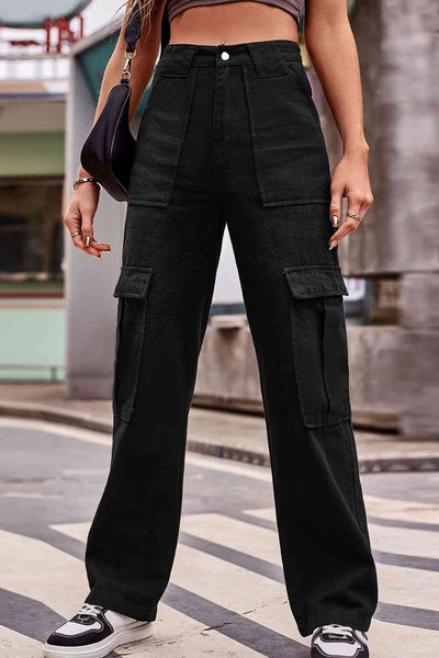 Trendy Buttoned High Waist Loose Fit Jeans with Pockets