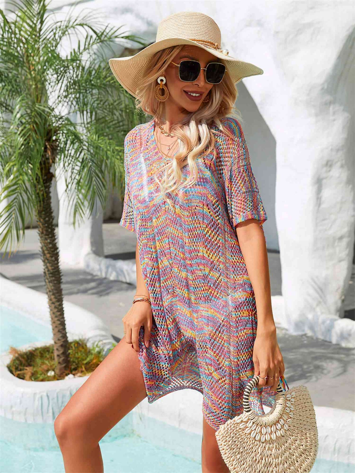 Stylish Multicolored Openwork Tassel Slit Cover-Up