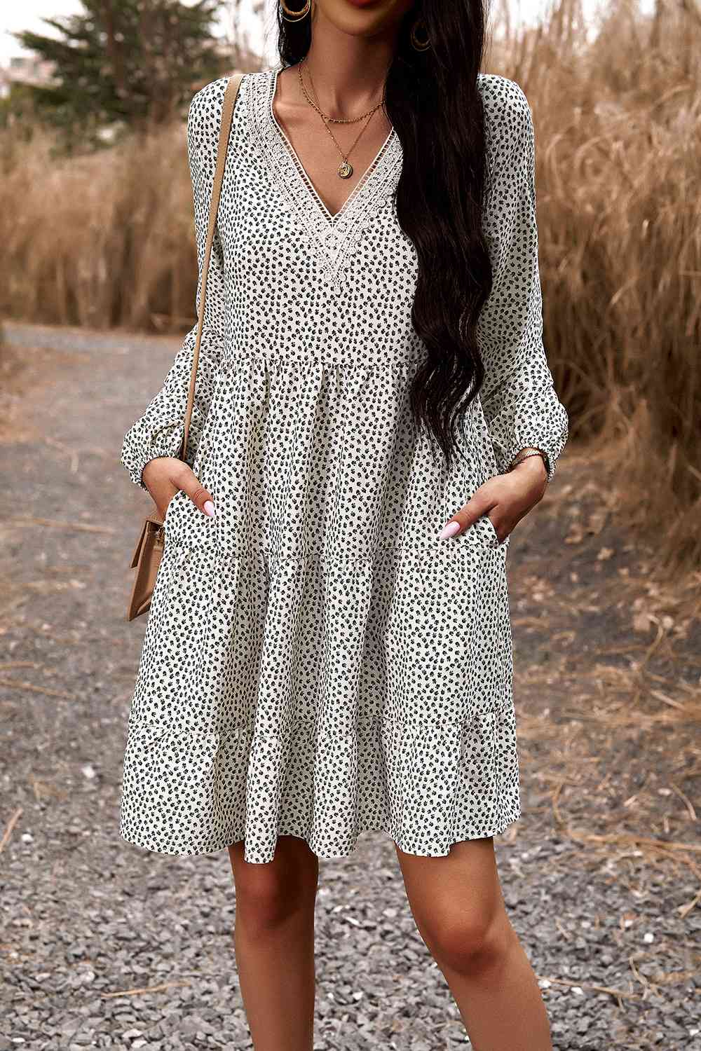 Lace Trim V-Neck Long Sleeve Dress