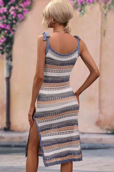 Striped Tie Shoulder Split Cover Up Dress for Summer Fun
