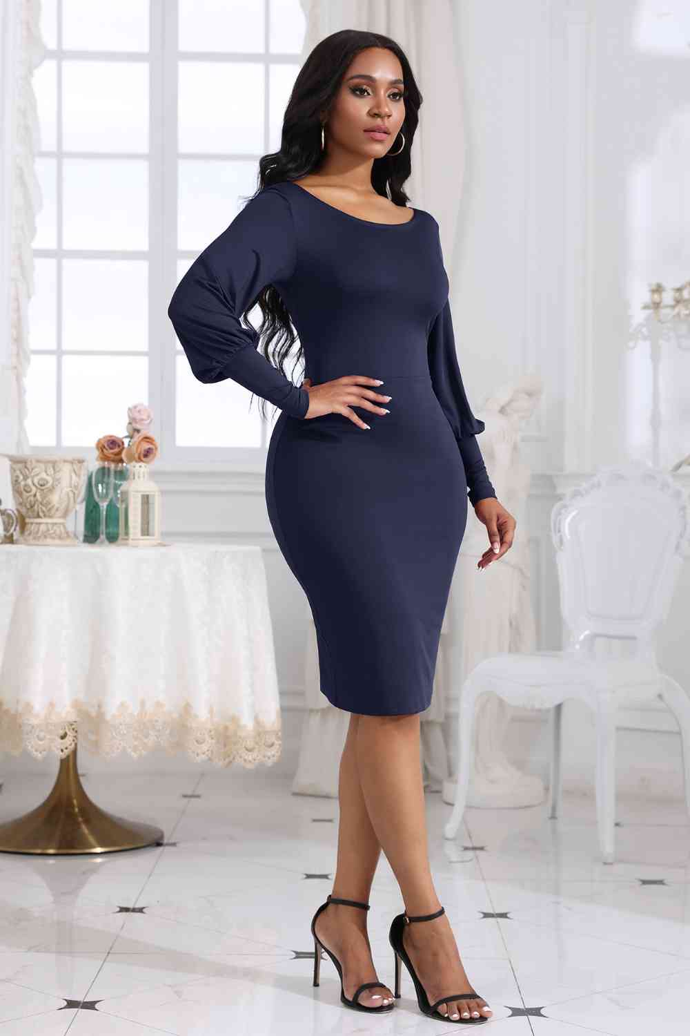 Elegant Boat Neck Dress with Lantern Sleeves