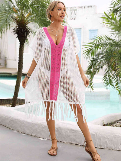 Contrast Fringe Trim Openwork Cover-Up Dress for Summer Fun