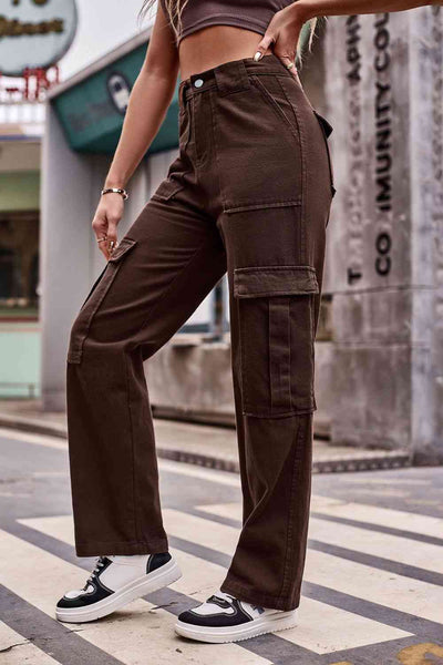 Trendy Buttoned High Waist Loose Fit Jeans with Pockets