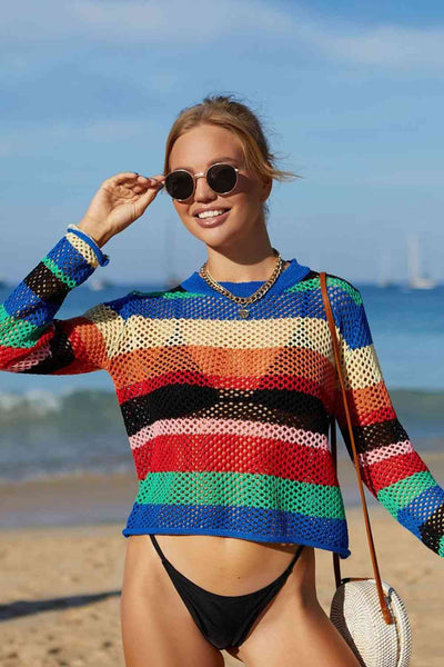 Rainbow Stripe Openwork Long Sleeve Cover-Up for Summer