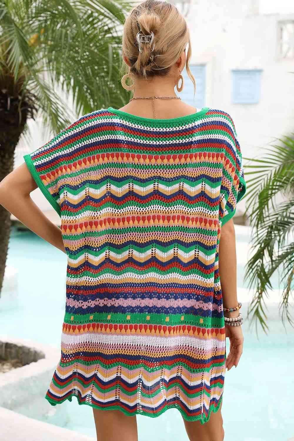 Vibrant Rainbow Stripe Scalloped V-Neck Cover-Up Dress