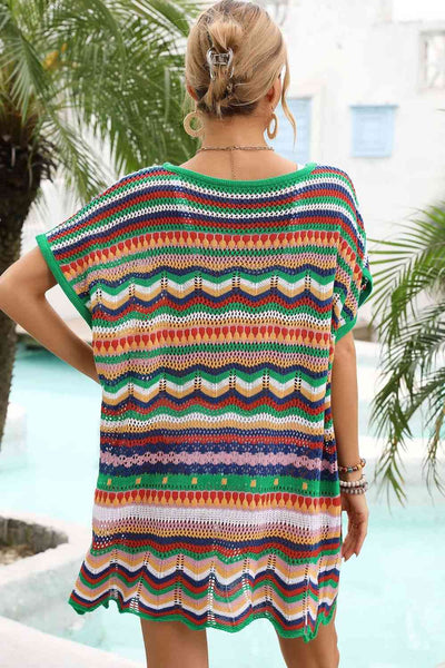 Vibrant Rainbow Stripe Scalloped V-Neck Cover-Up Dress