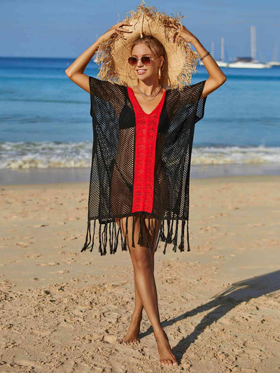 Contrast Fringe Trim Openwork Cover-Up Dress for Summer Fun