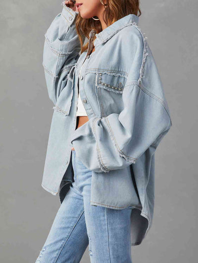 Women's Casual Button Down Raw Hem Denim Jacket