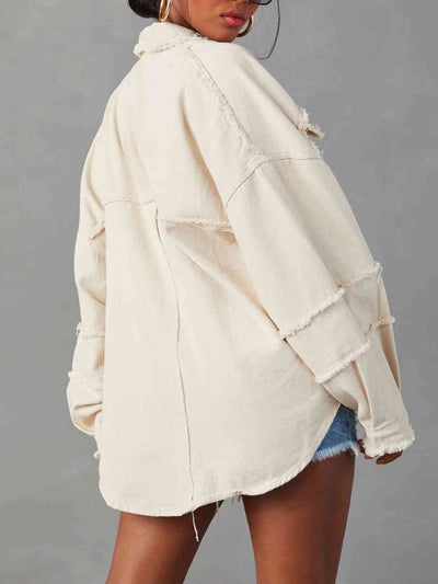 Women's Casual Button Down Raw Hem Denim Jacket