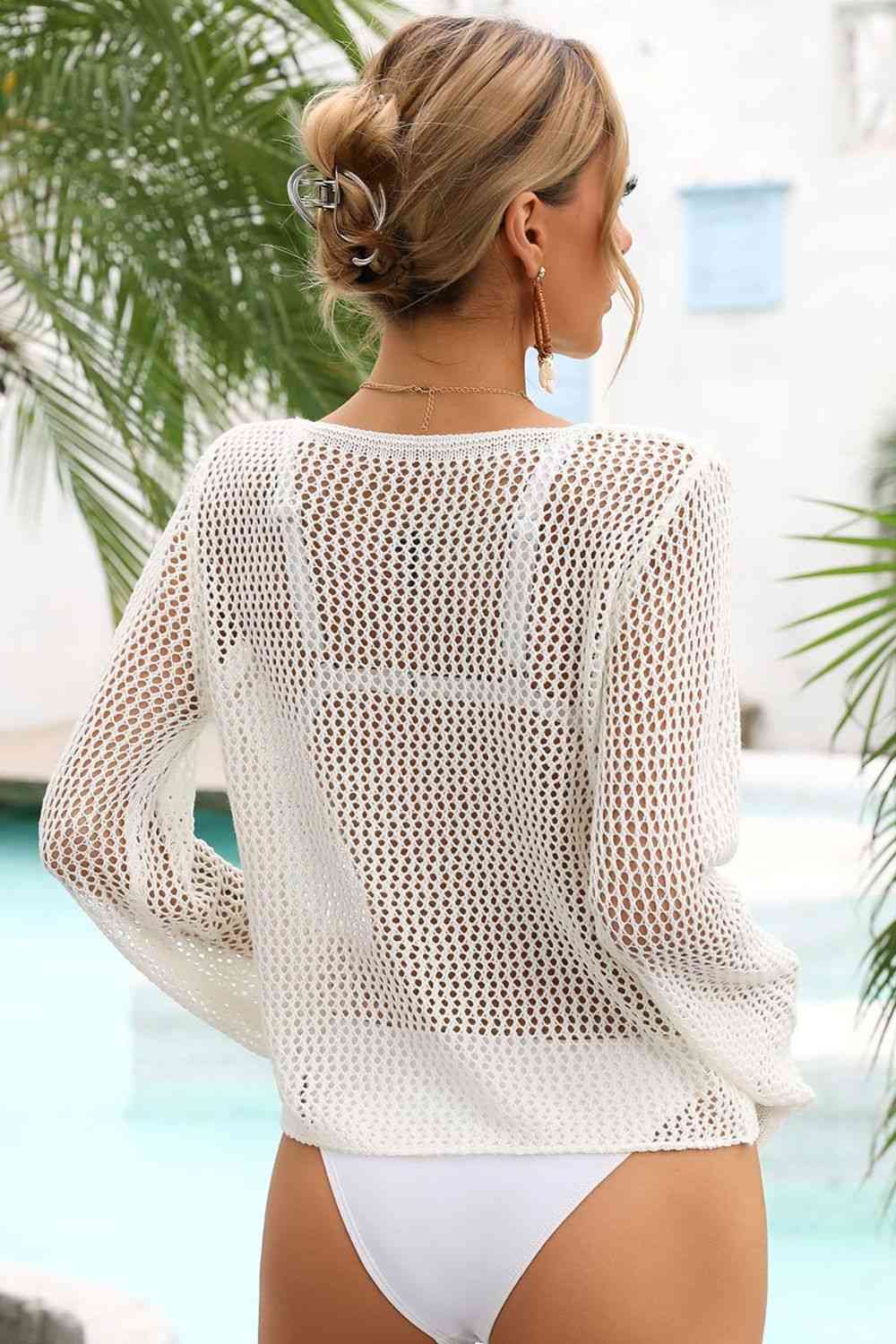 Stylish Openwork Scoop Neck Long Sleeve Cover-Up
