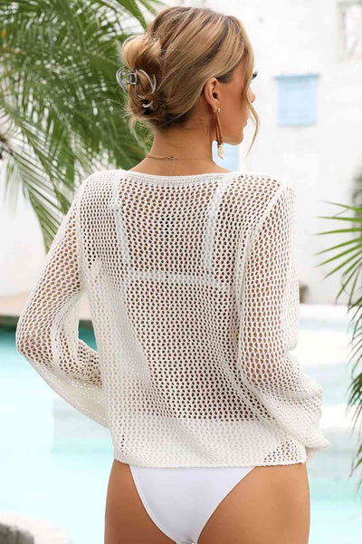 Stylish Openwork Scoop Neck Long Sleeve Cover-Up