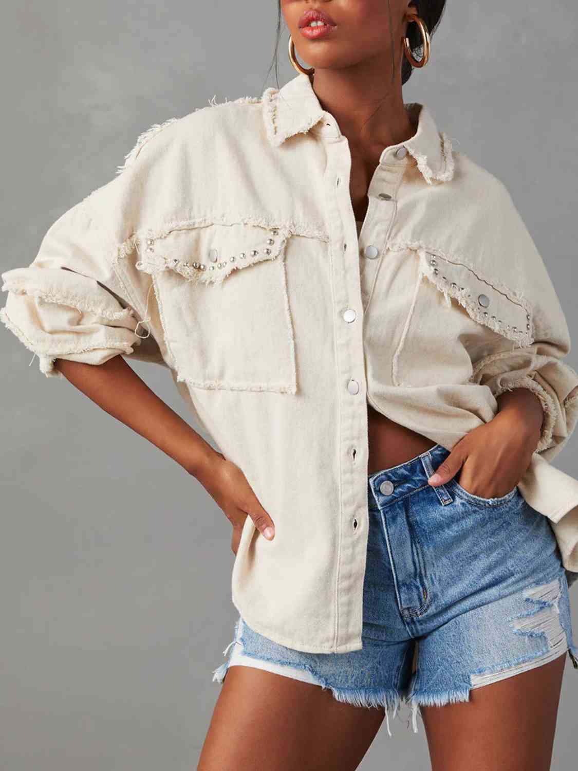Women's Casual Button Down Raw Hem Denim Jacket