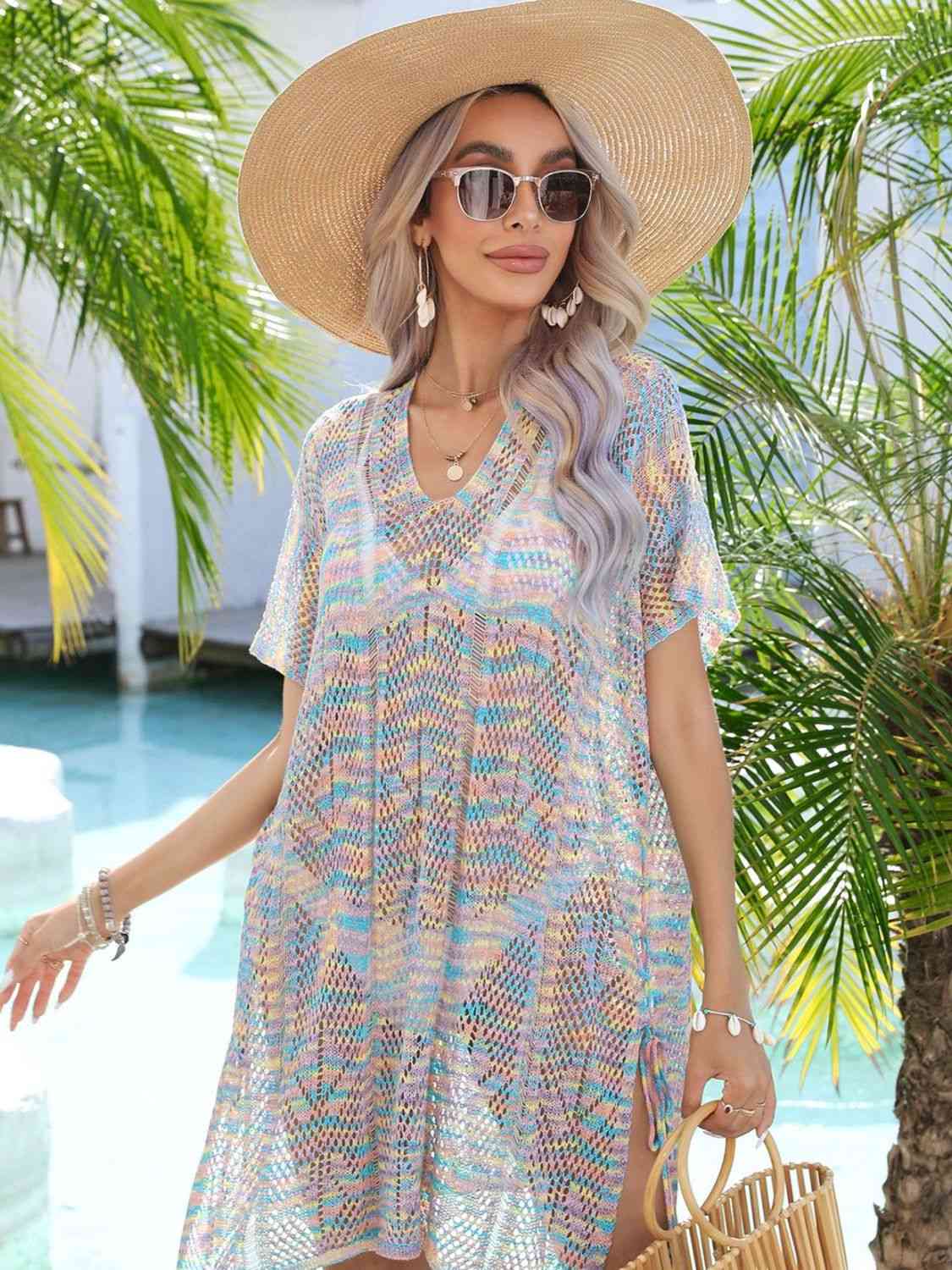 Stylish Multicolored Openwork Tassel Slit Cover-Up