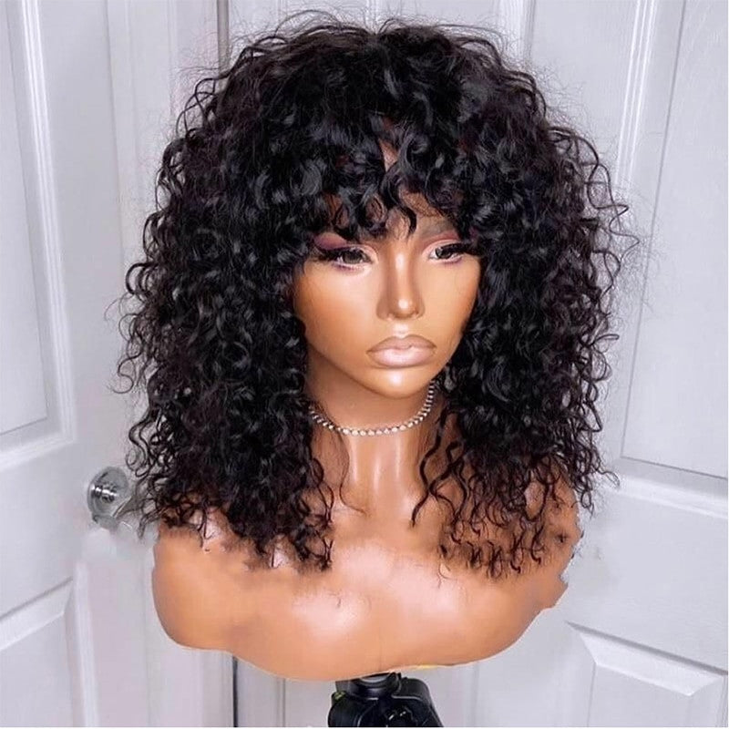 Soft Natural Black 26 Inch Long Kinky Curly Wig With Bang